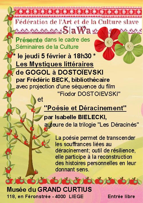 Affiche. Liège. Les mystiques littéraires de Gogol à Dostoïevski | Poésie et déracinement. 2015-01-05